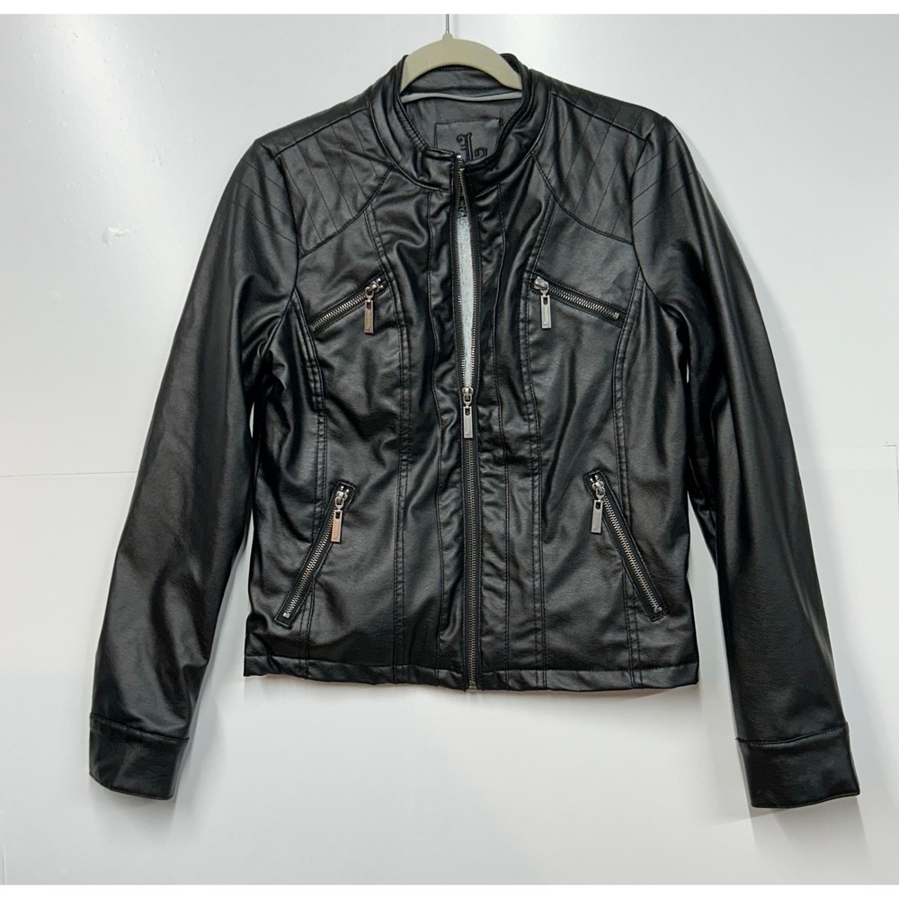 J2 Womens Small Black Faux Leather Faux Fur Lined Moto Biker Jacket READ